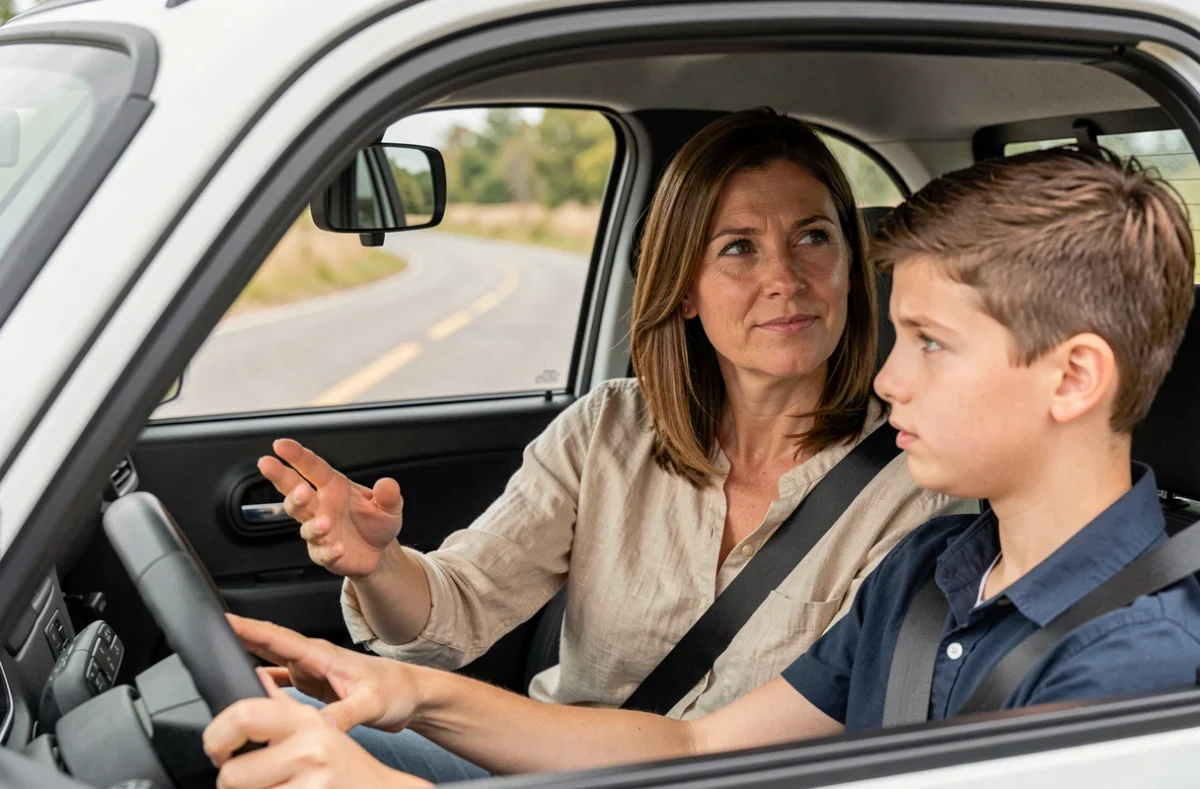 Adulte accompagnatrice assise côté passager d'une voiture sans permis, guidant un jeune conducteur adolescent sur la route