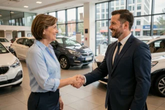 Une femme achetant une voiture sans permis chez un concessionnaire en serrant la main du vendeur dans un showroom moderne
