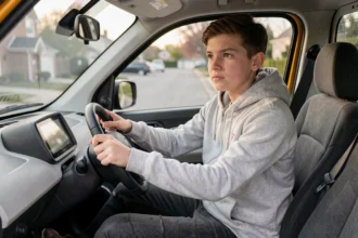 Jeune adolescent de 14 ans au volant d'une voiture sans permis en France, mains sur le volant, vue de l'intérieur