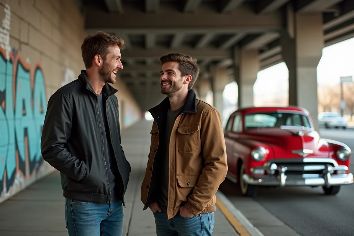 Amis souriants devant voiture vintage graffitis