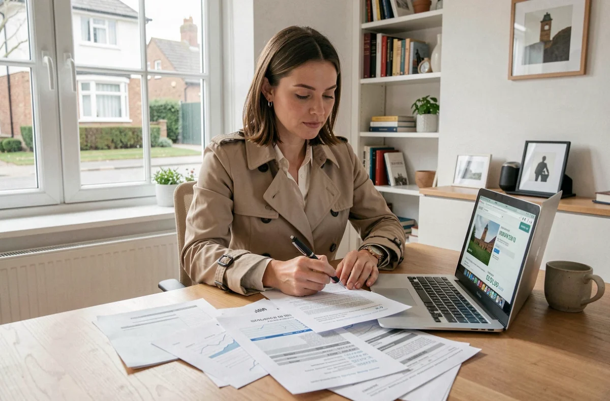 Femme analysant des documents d'assurance scooter économique à son bureau à domicile