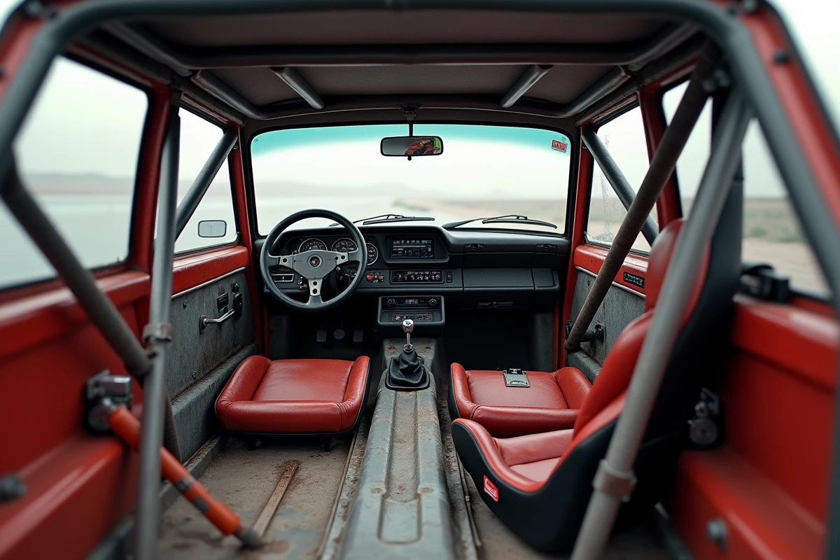 Arceau de sécurité complet et habitacle préparé d'une voiture de rallye occasion avec harnais et extincteur homologués