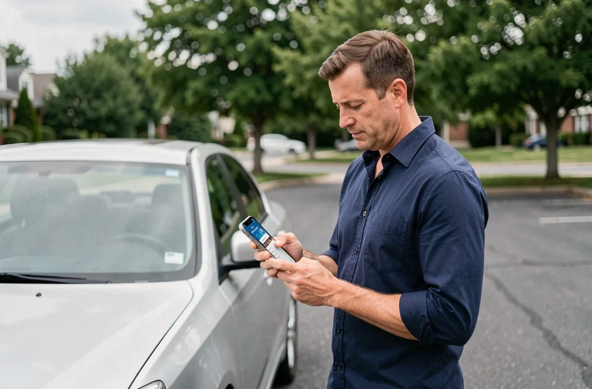 Homme souscrivant une assurance auto sans paiement immédiat via son smartphone près de sa voiture
