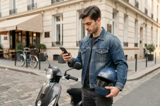 Jeune homme comparant des offres d'assurance scooter pas cher sur son smartphone en milieu urbain