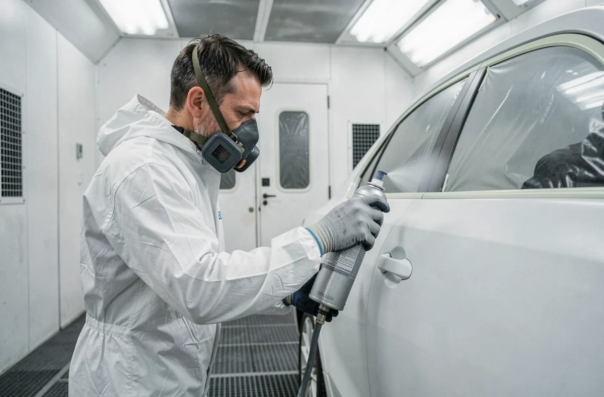 Peintre automobile en cabine de peinture professionnelle à l'Auto Carrosserie du 8ème à Lyon