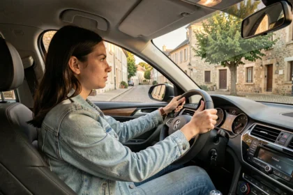 Jeune femme au volant d'une voiture d'auto-école dans une rue de Bourgogne-Franche-Comté