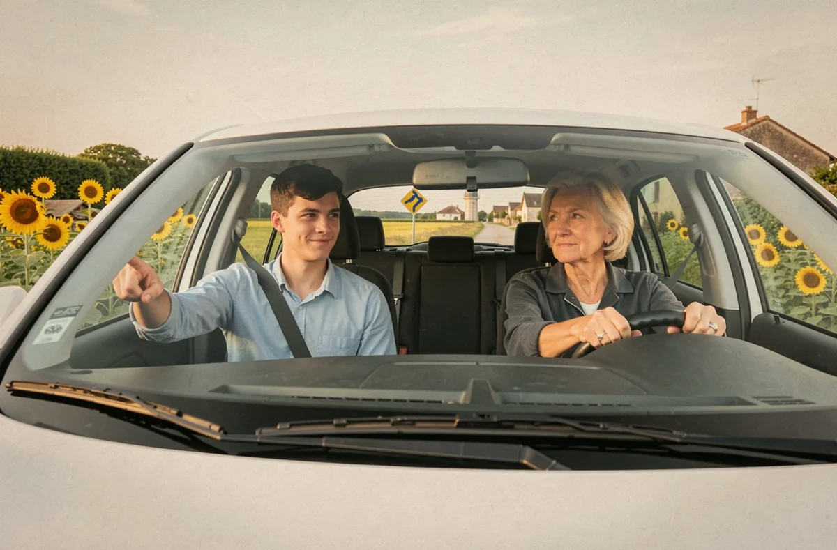 Élève de l'auto-école du Lauragais en conduite de proximité sur une route des environs avec des champs de tournesols en arrière-plan
