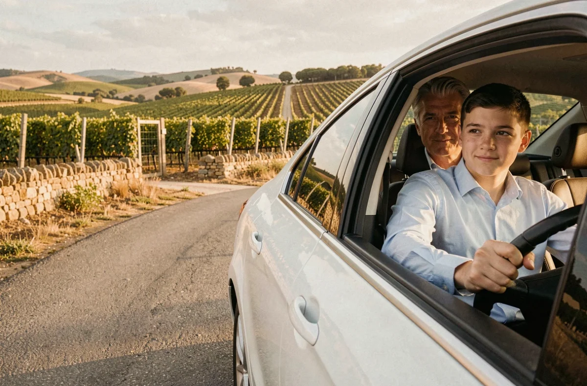Moniteur expérimenté de l'auto-école du Minervois supervisant un élève sur une route rurale entourée de vignes et de murets en pierre