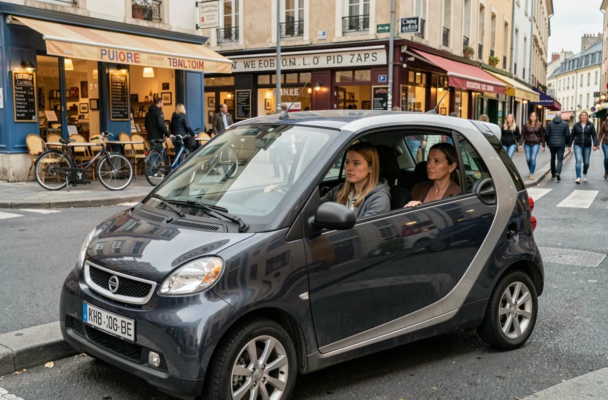 Élève de l'auto-école Louise Michel naviguant en milieu urbain à travers une intersection animée d'une ville de l'Aude