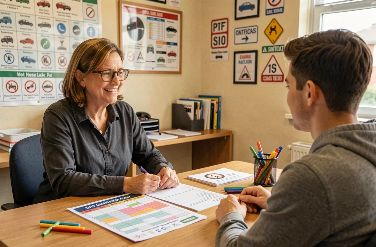 Monitrice de l'auto-école Sabine Cesco en séance de formation sur mesure avec un élève autour de supports pédagogiques personnalisés