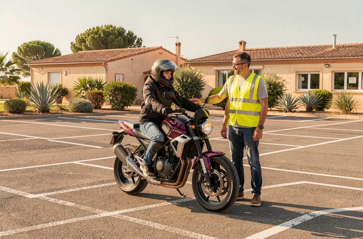 Élève moto guidé par un moniteur de l'auto moto école Le Jaguar dans un espace d'entraînement extérieur à Narbonne