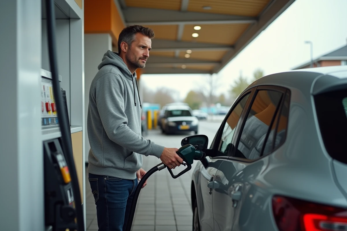 Automobiliste faisant le plein de carburant éthanol E85 dans une Renault à une station-service française