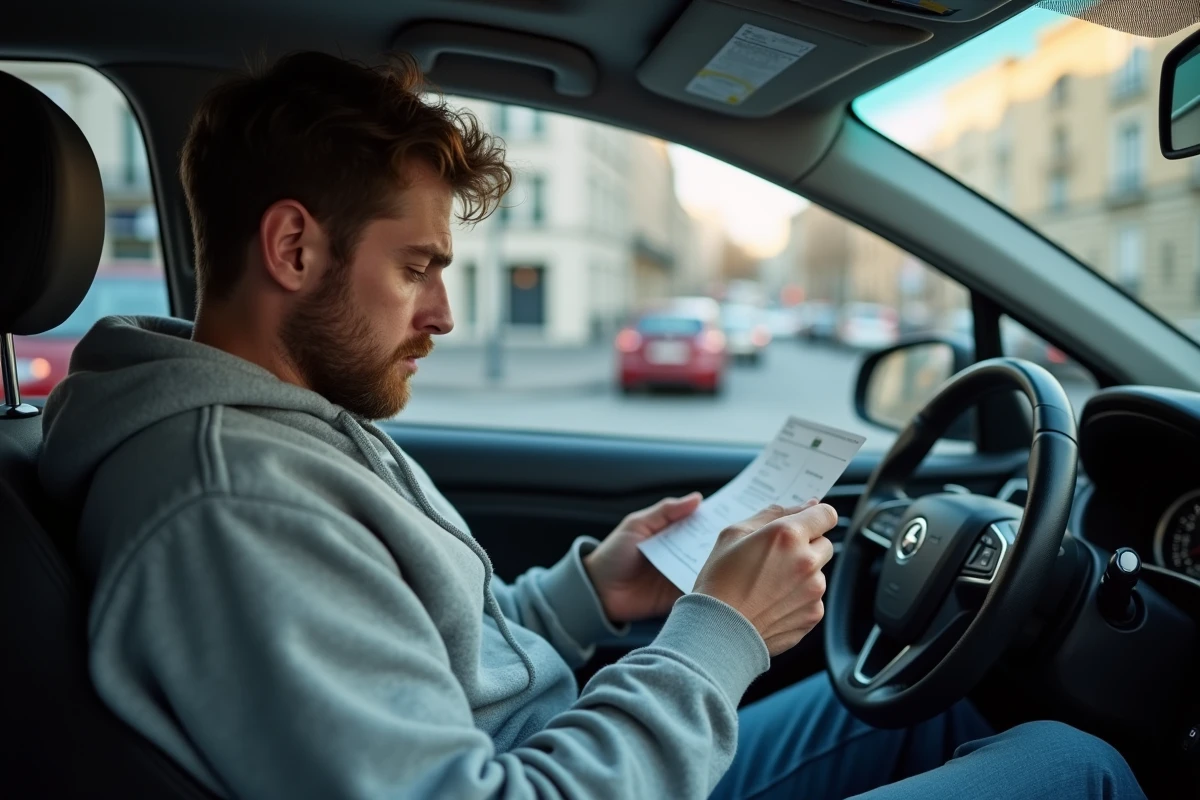 Homme préoccupé lisant une contravention de cinquième classe assis dans sa voiture garée en ville