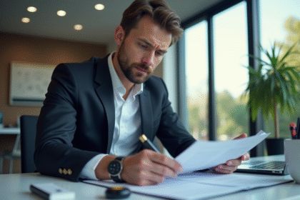 Avocat au bureau examinant des papiers avec un éthylotest et clés de voiture