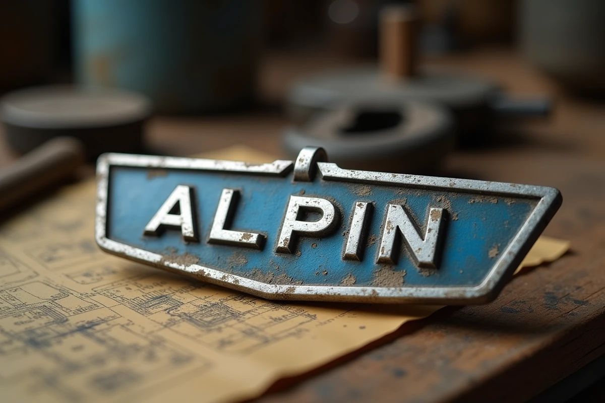 Gros plan sur un badge logo Alpin en métal embossé avec patine ancienne, posé sur un établi en bois entouré d'outils mécaniques et de croquis jaunis