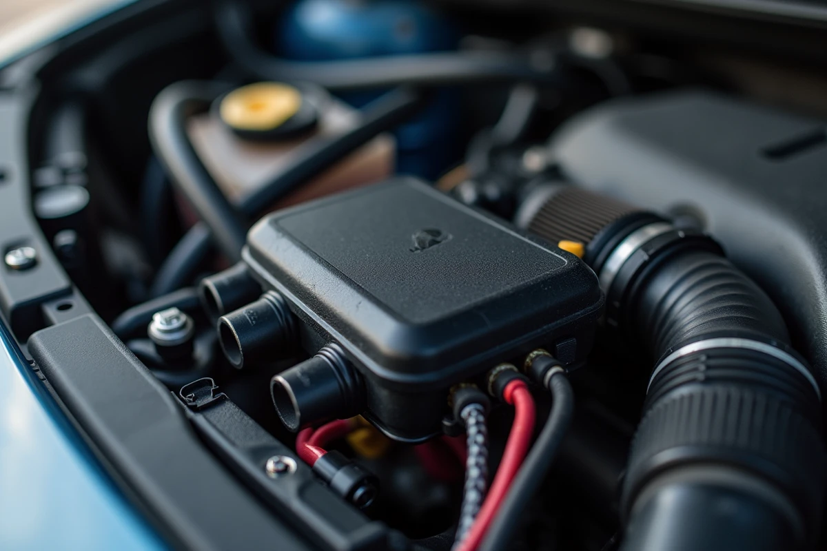 Boîtier éthanol flex-fuel installé dans le compartiment moteur d'une Renault avec faisceau de câblage
