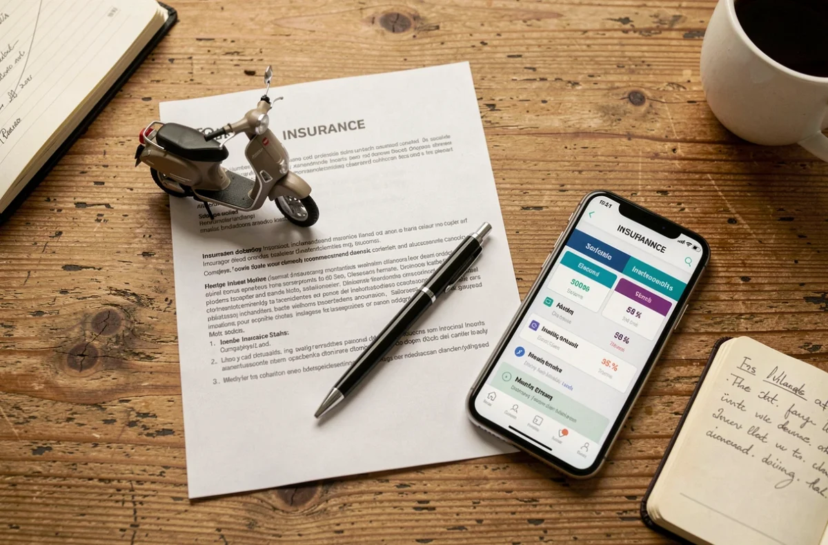 Vue de dessus d'un bureau avec contrat d'assurance scooter 50cm3, smartphone et notes manuscrites pour comparaison
