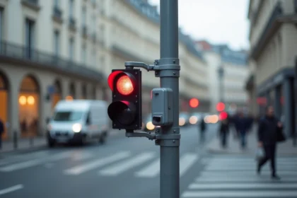 Caméra de feu rouge installée sur un poteau de signalisation à un carrefour urbain en France