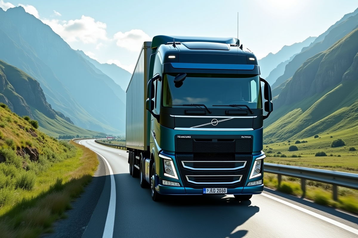 Camion européen puissant sur une route panoramique en pleine nature