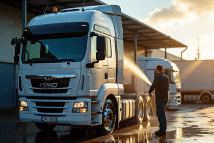 Camion de 10 tonnes propre dans un yard ensoleille avec un homme lavant la cabine