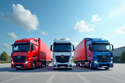 Ligne de camions européens modernes dans un concessionnaire ensoleille