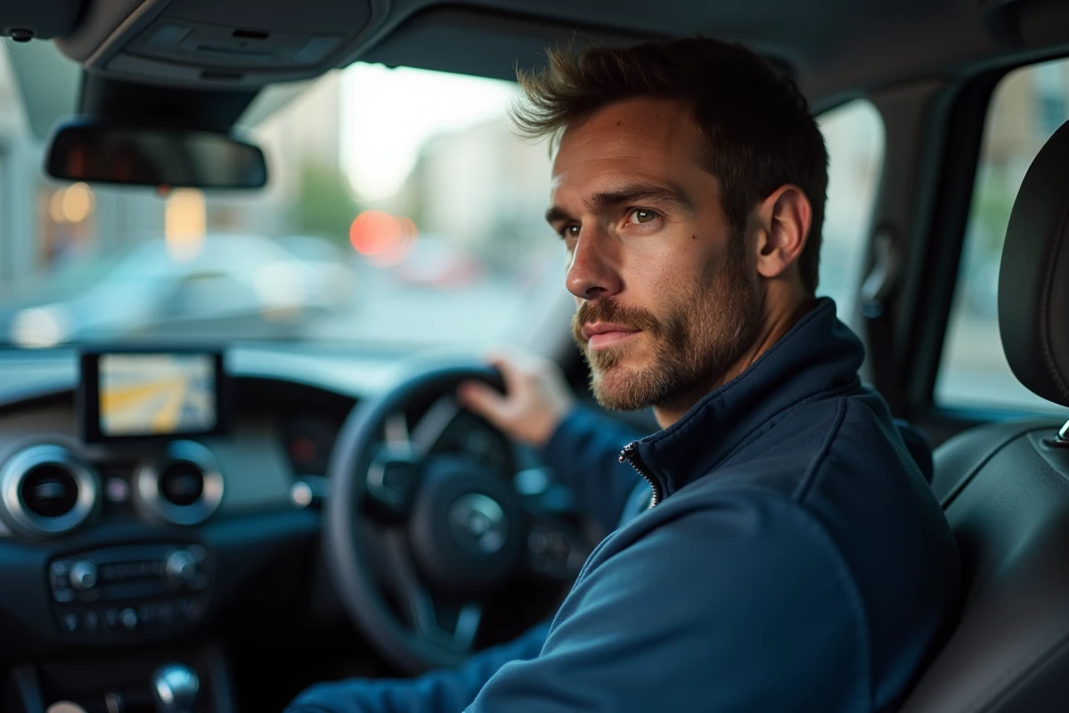 Homme consultant un écran de révision du code de la route installé dans une voiture garée