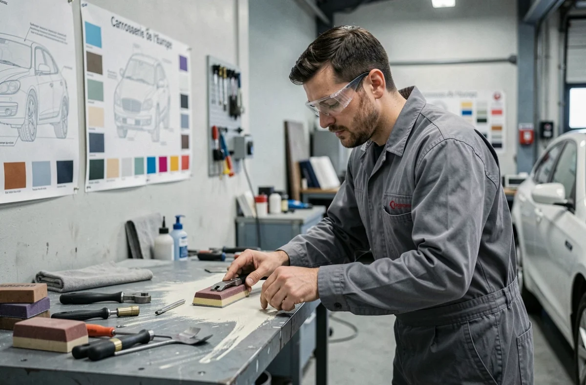 Technicien en carrosserie travaillant sur un panneau de véhicule à la Carrosserie de l'Europe à Lyon