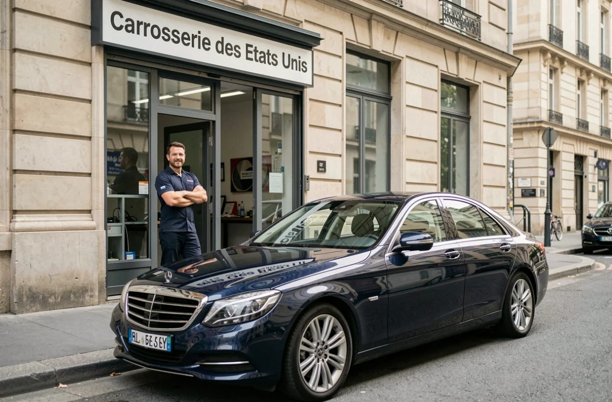 Façade et entrée de la Carrosserie des Etats Unis à Lyon avec technicien devant un véhicule réparé