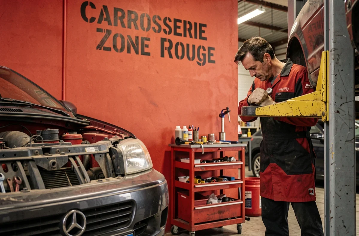 Mécanicien inspectant un pare-chocs dans l'atelier de la Carrosserie Zone Rouge à Lyon
