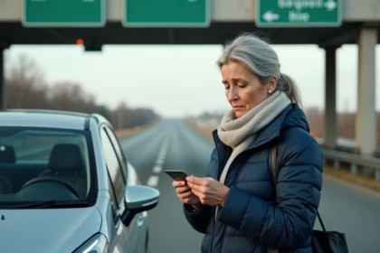Femme examinant une carte autoroute gratuite devant un péage en France