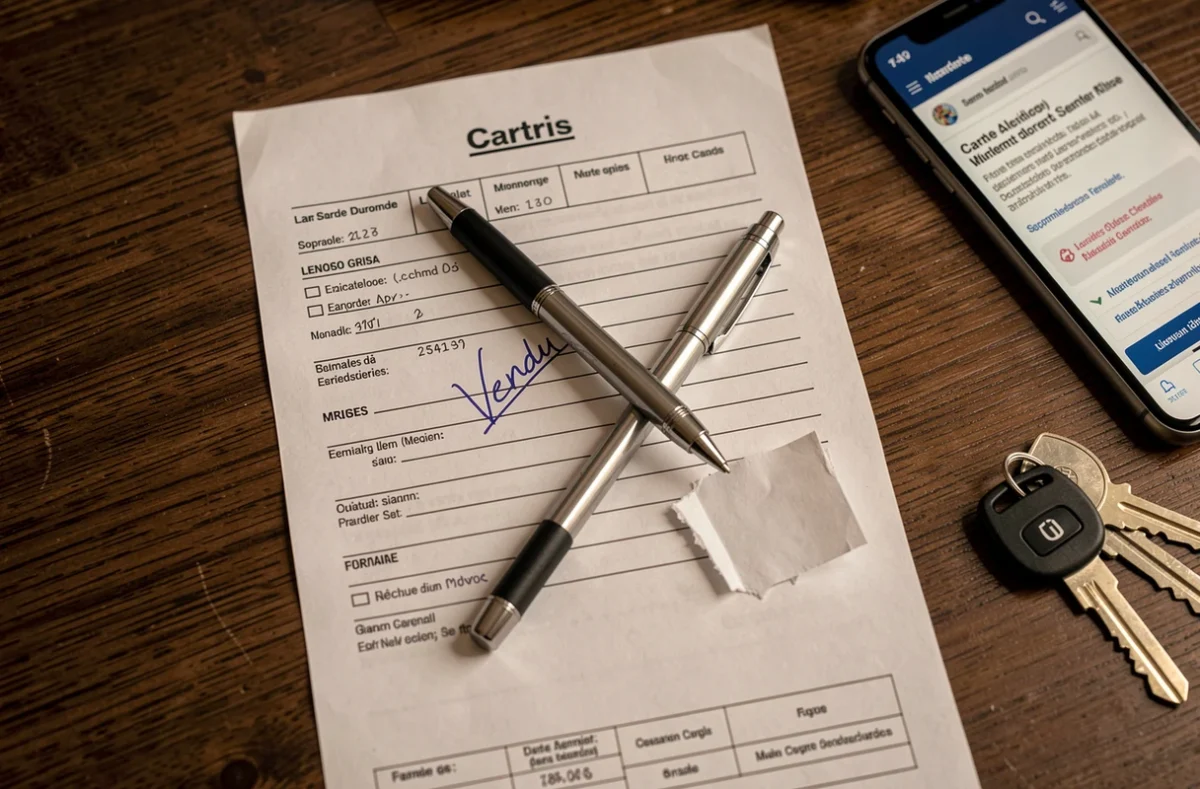 Carte grise avec mention vendu, clés de voiture et smartphone sur un bureau en bois