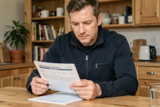 Homme consultant des documents d'assurance moto à domicile pour changer de contrat en cours d'année