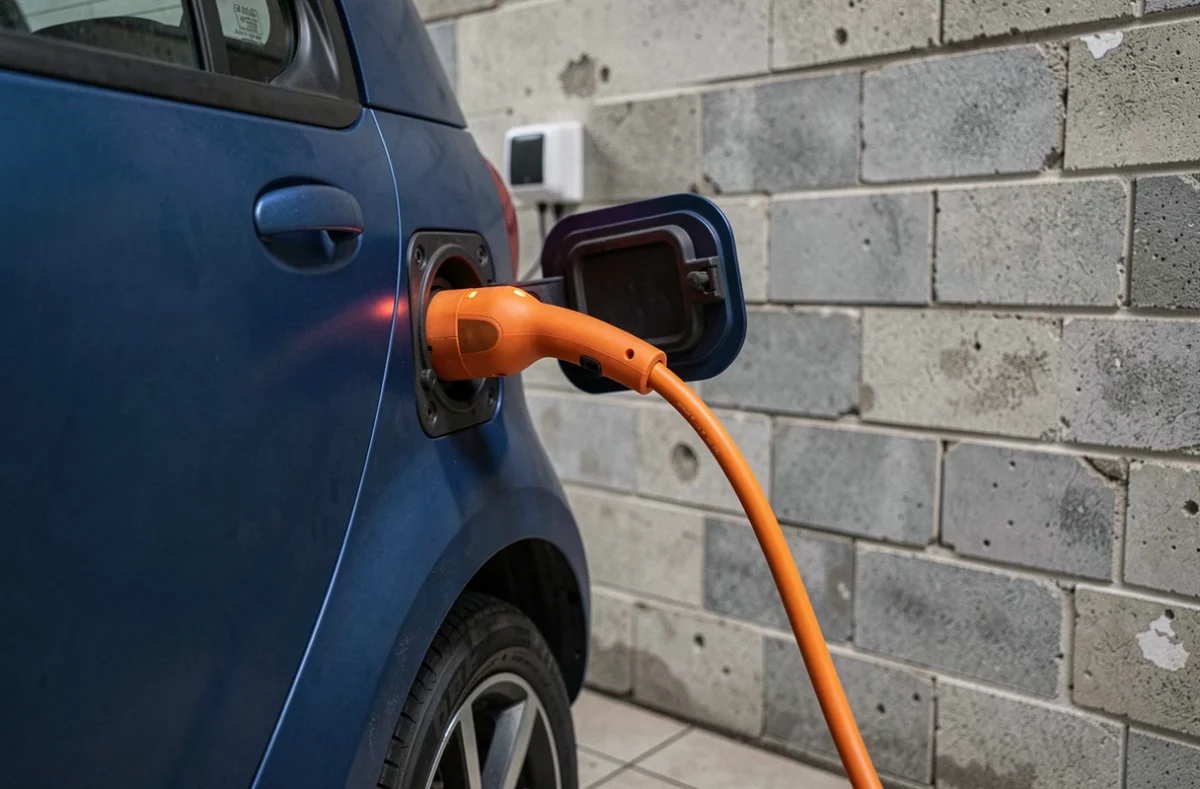 Prise de charge d'une voiturette électrique branchée sur une prise murale dans un garage
