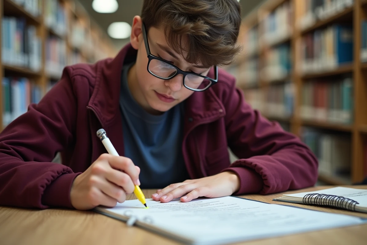Étudiant annotant une checklist PDF de révision du permis de conduire à la bibliothèque