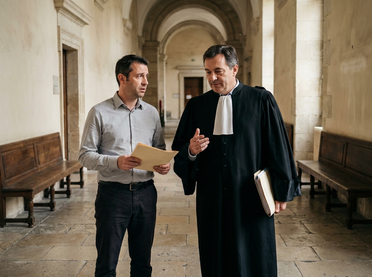 Client et avocat discutant d'une stratégie de défense pour permis de conduire dans un couloir de tribunal français