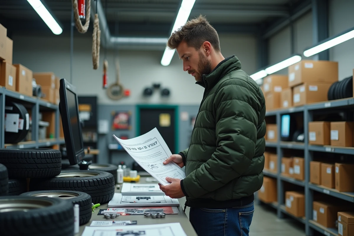Client dans un magasin de pneus consultant des fiches de dimensions automobiles au comptoir