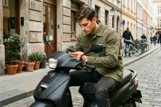 Jeune homme comparant une assurance scooter 50cm3 sur son smartphone assis sur son scooter en ville