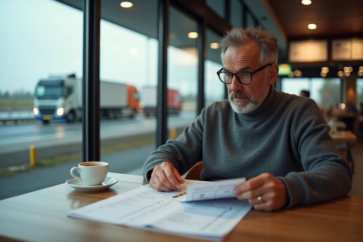 Homme comparant des documents de péage et une carte de réduction dans une aire d'autoroute française