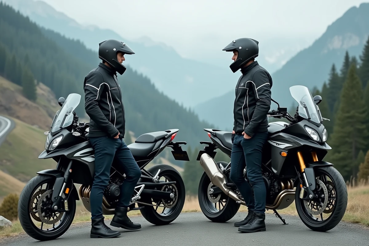 Deux motards comparant une moto sportive et un trail à fort couple sur un col de montagne
