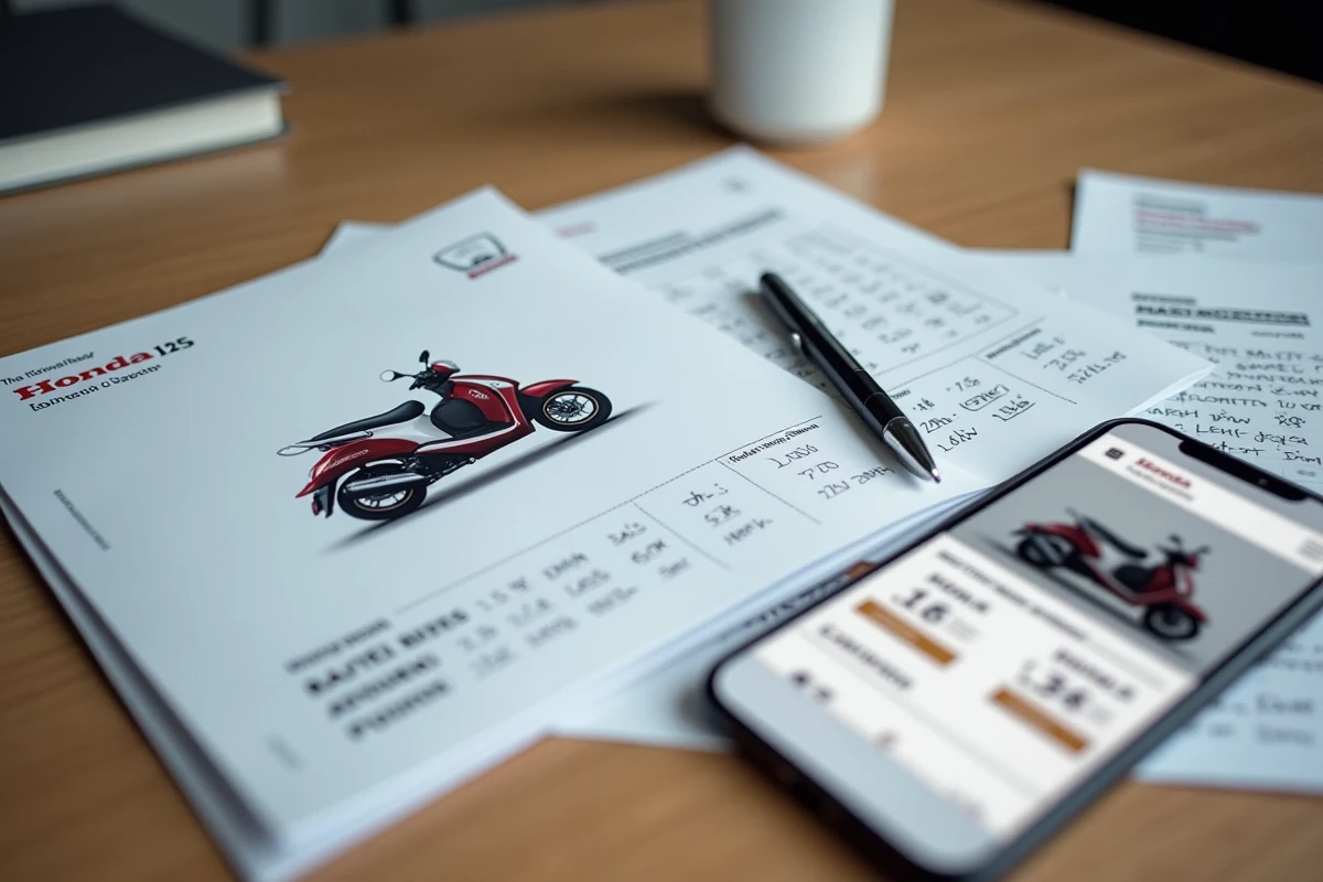 Comparaison des prix du scooter Honda 125 neuf et occasion avec brochure et smartphone sur un bureau