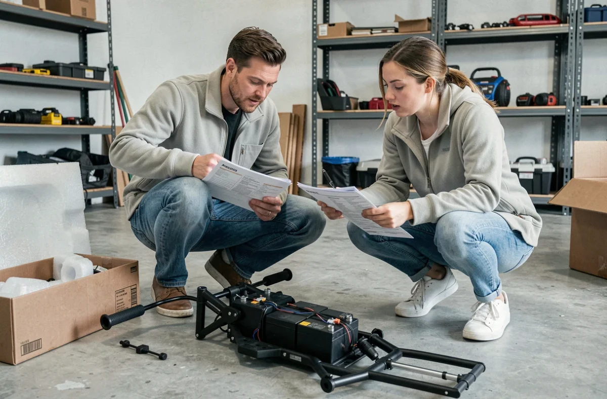 Deux adultes inspectant un quad électrique démonté dans un garage, comparaison de modèles économiques