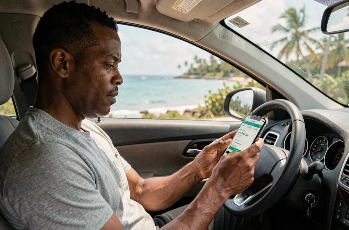 Homme martiniquais consultant son téléphone pour comparer des devis assurance auto depuis sa voiture en Martinique