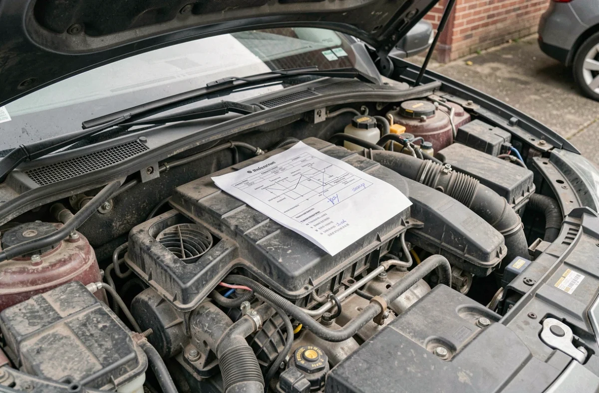 Vue rapprochée du compartiment moteur Mégane 3 avec schéma de ventilation posé sur le moteur