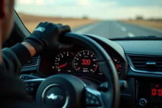 Tableau de bord de voiture de sport avec compteur de vitesse affichant 320 km/h équivalent à 200 mph