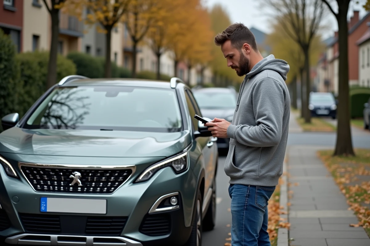 Conducteur consultant une application de diagnostic moteur sur son smartphone devant sa Peugeot en panne avec code P1445