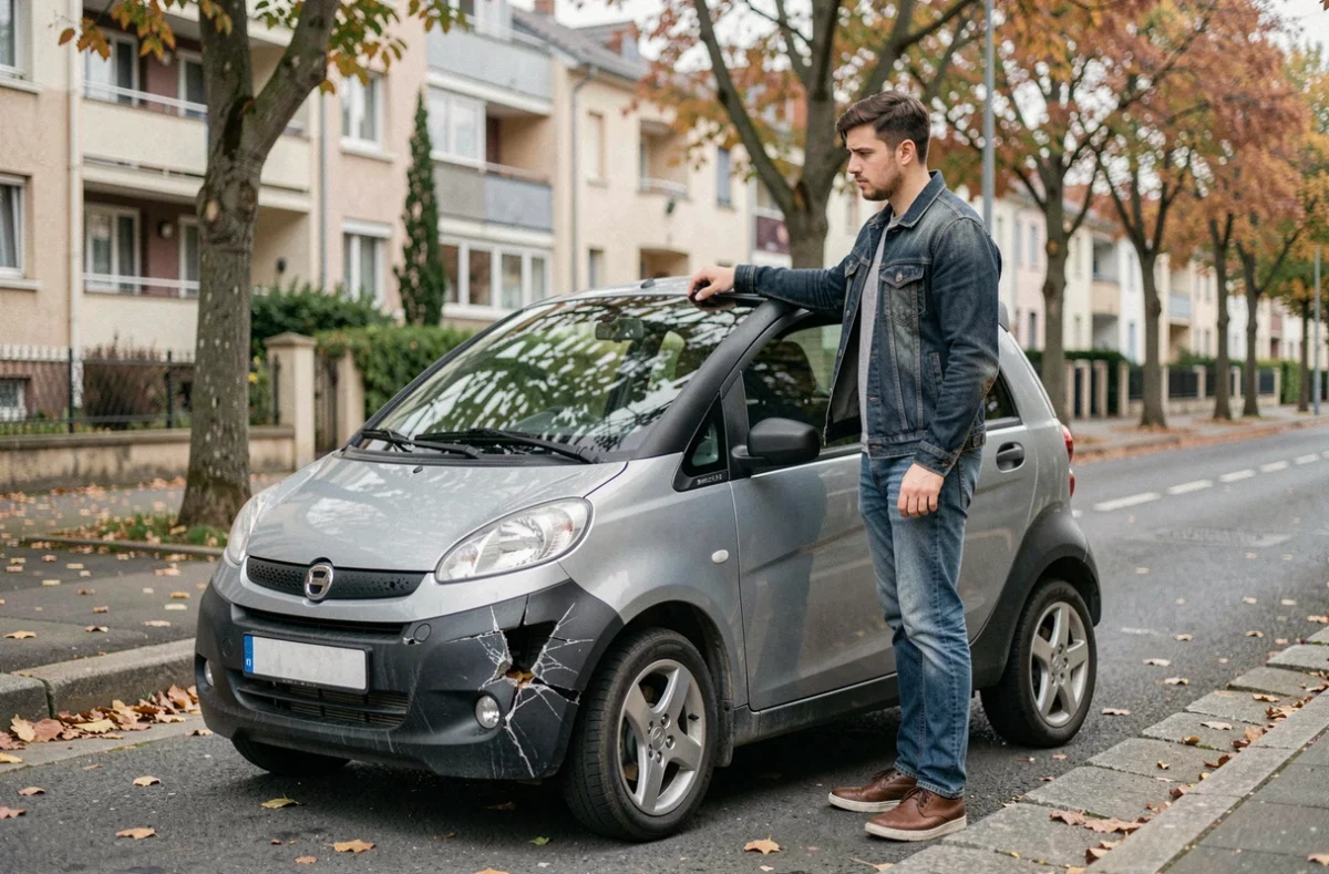 Jeune conducteur examinant les dommages sur sa voiture sans permis garée dans une rue résidentielle