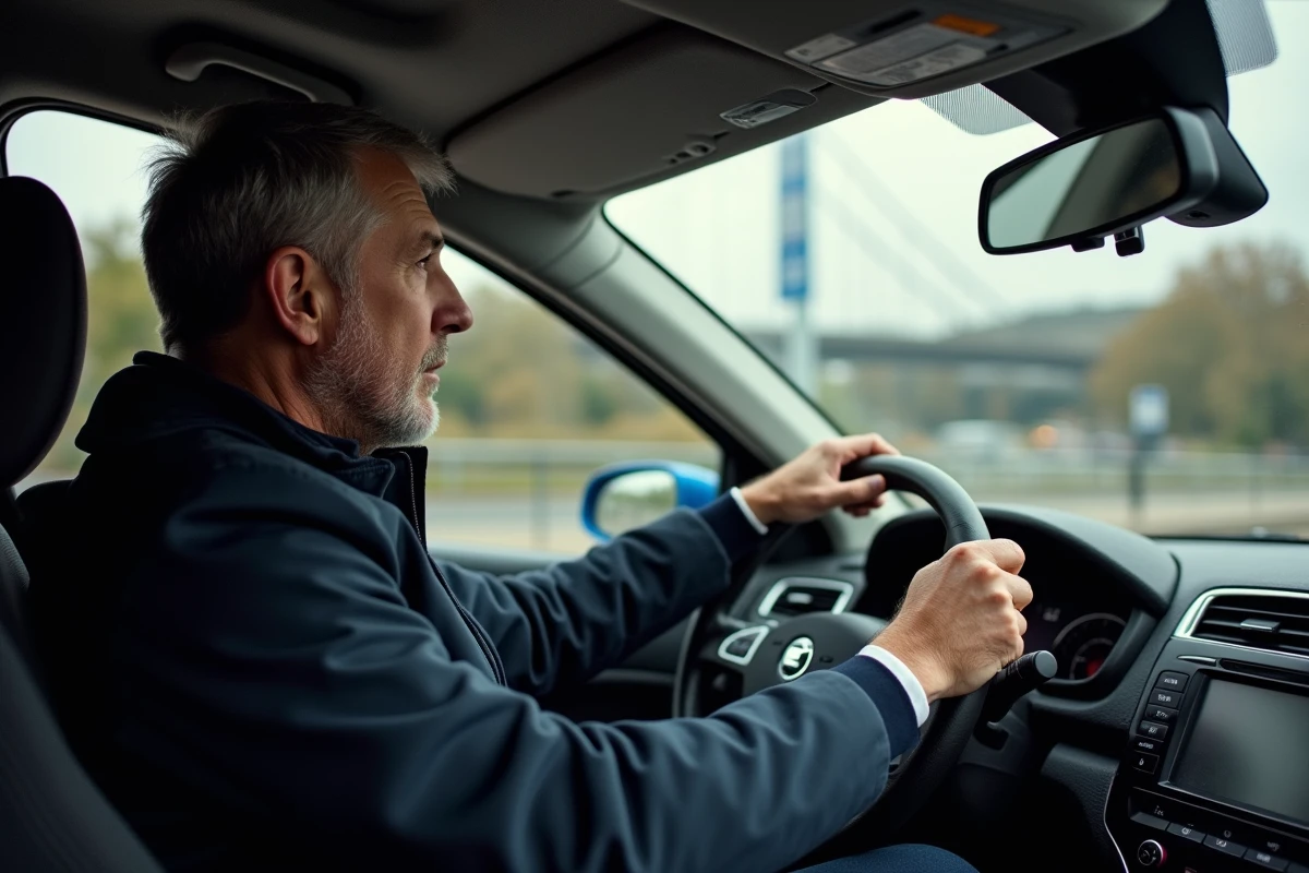 Conducteur au volant d'une voiture avec vue sur un pont emblématique de Luxembourg-Ville en arrière-plan