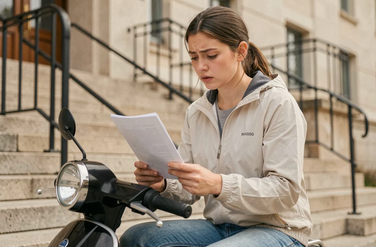 Conductrice de scooter lisant une amende ou un procès-verbal devant un bâtiment administratif