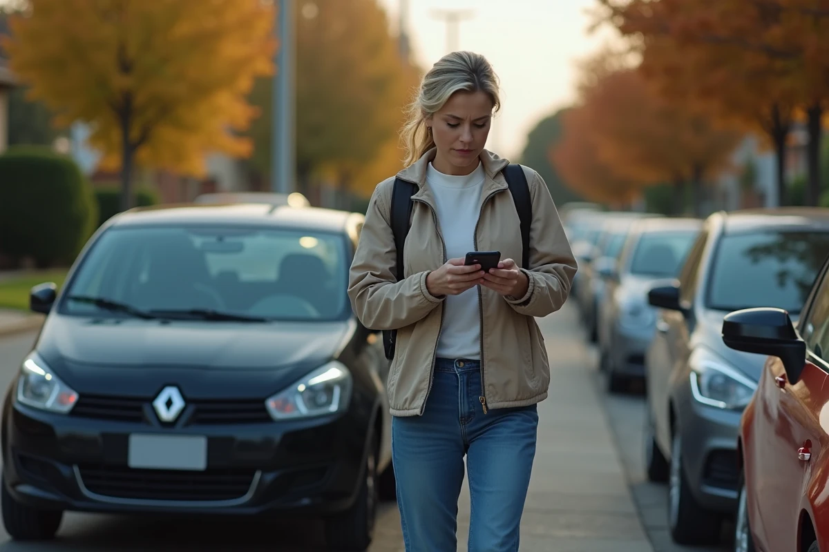 Femme inquiète regardant son téléphone après l'allumage d'un voyant d'alerte dans sa voiture