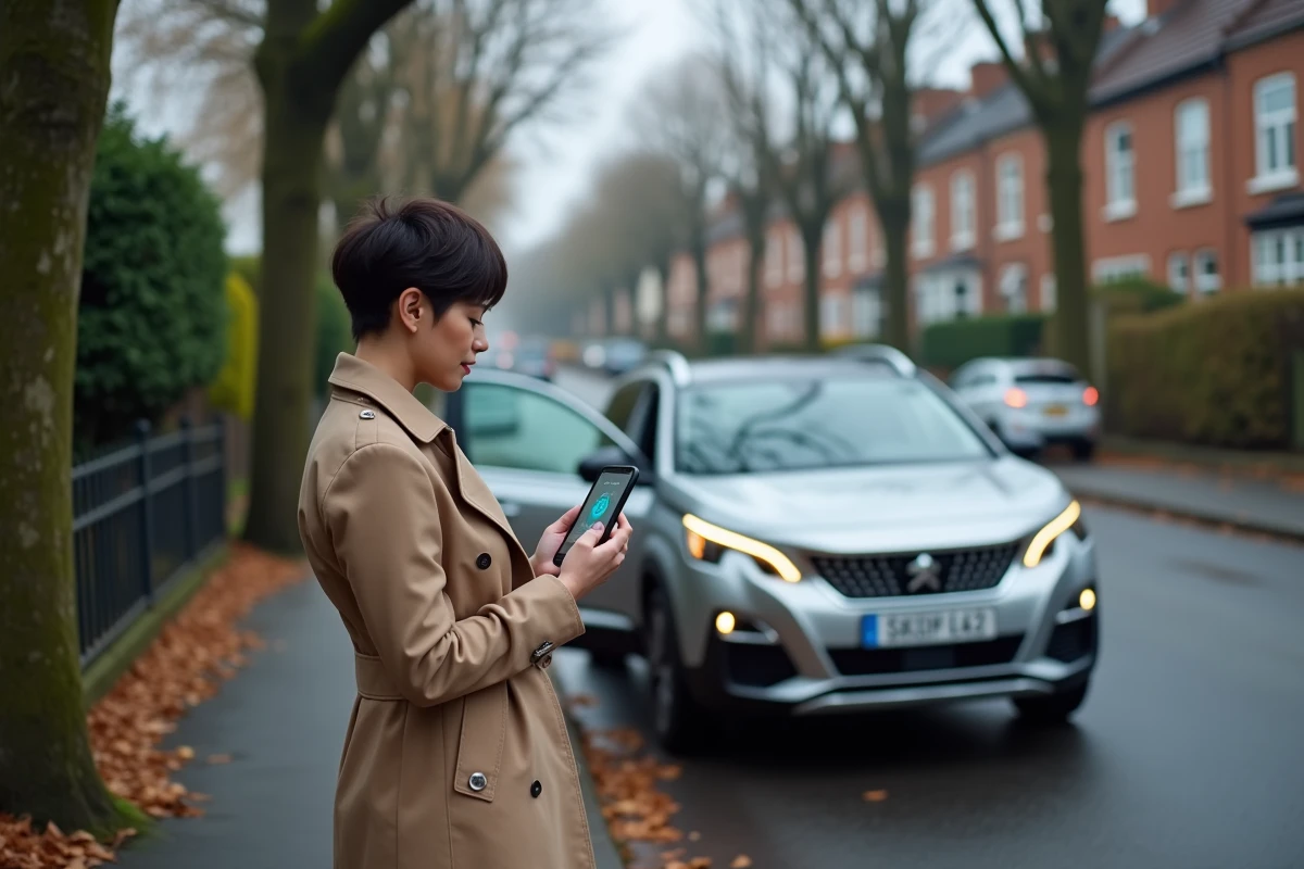 Conductrice inquiète consultant son téléphone après l'apparition d'un voyant orange sur sa Peugeot 3008 garée en bord de rue